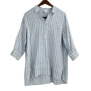 J. Jill Love Linen Blue Striped Popover Tunic Shirt Womens Size Small Summer